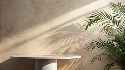 Elegant marble table with tropical palm tree shadow against cream-colored wall provides a sophisticated backdrop for showcasing products with ample copy space.