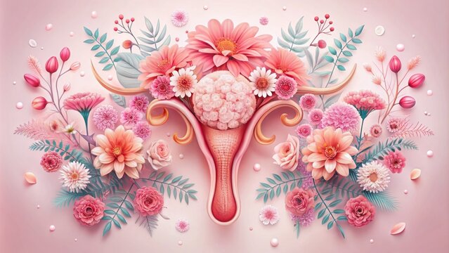 Delicate illustration of female reproductive system's uterus amidst vibrant pink flowers and subtle floral patterns on a soft, dreamy background, evoking femininity and serenity.