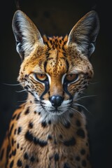 Mystic portrait of Serval in studio, copy space on right side, Anger, Menacing, Headshot, Close-up View Isolated on black background
