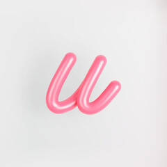 3D Pink Script Lowercase Letter U on light background. Cute Cursive Bubble typography symbol vector illustration.
