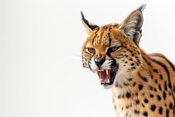 Mystic portrait of Serval studio, copy space on right side, Anger, Menacing, Headshot, Close-up View Isolated on white background