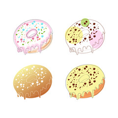 A digital illustration showcasing four glazed doughnuts with various toppings. Each donut is presented individually against a white background. The donuts have a variety of toppings