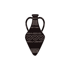 Ancient Greece amphora black silhouette with traditional ornament vector, antique clay pitcher vase doodle style drawing
