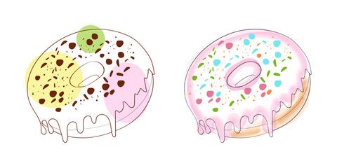 A digital illustration of two delicious donuts with different toppings. One donut is topped with pink and white frosting and sprinkles, while the other has chocolate chips and yellow and green icing