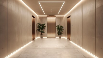 The elevator room is a modern and comfortable space. The beige profile on the wall gives a sense of hierarchy and modernity. A wraparound light strip illuminates the junction of the wall and ceiling.