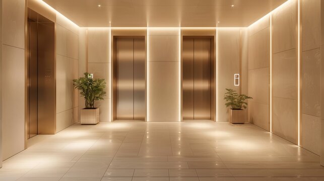 The elevator room is a modern and comfortable space. The beige profile on the wall gives a sense of hierarchy and modernity. A wraparound light strip illuminates the junction of the wall and ceiling.