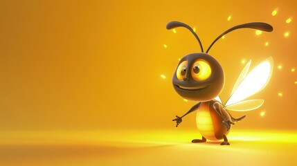 A cute 3D cartoon firefly character with a glowing tail, serving as a mascot for an energy company, set against a vibrant yellow backdrop.