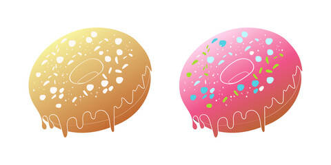 A digital illustration depicting two donuts. The donut on the left has a yellow glaze with white sprinkles and the donut on the right has a pink glaze with blue, green and white sprinkles.