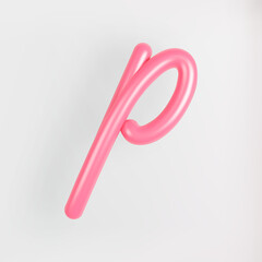 3D Pink Script Lowercase Letter P on light background. Cute Cursive Bubble typography symbol vector illustration.
