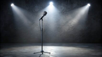 A solitary, sleek black professional microphone stands upright on a gray concrete floor, awaiting the artist's grasp, surrounded by faint stage lights' ambiance.