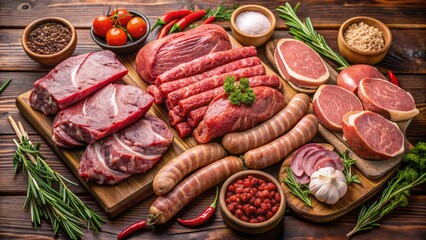 assortment of raw meats including beef, pork, lamb, chicken, and sausages neatly arranged on a wooden butcher block table.