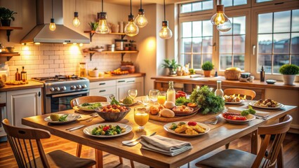 Empty kitchen table set for a family gathering, with a delicious weekend lunch spread, surrounded by warm lighting and a cozy atmosphere.