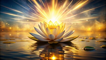 Golden petals unfolding from misty waters, radiant lotus bloom glows amidst vibrant sunburst, symbolizing spiritual awakening and enlightenment, perfect for meditation and vesak celebrations.