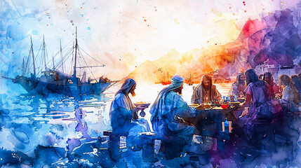 Digital watercolor painting of Jesus Watercolor painting, Jesus sharing a meal with fishermen, boats docked nearby, twilight setting, peaceful and communal mood, Watercolor painting