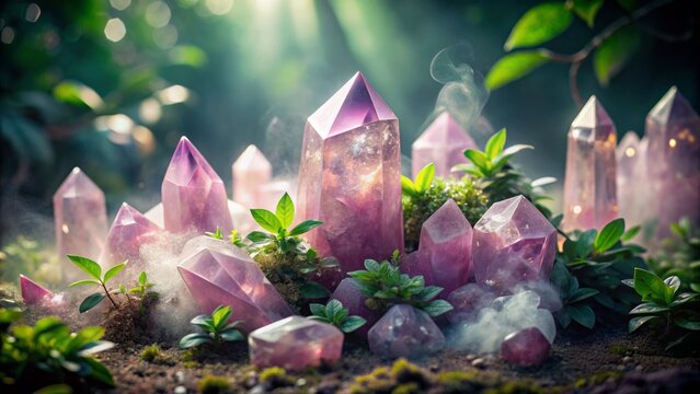 Enchanting arrangement of pink fluorite and clear quartz crystals nestled among ethereal, misty foliage, evoking mysticism and ancient ritualistic practices.