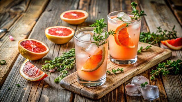 Refreshing grapefruit mocktail paloma with ice and fresh thyme garnish, beautifully arranged on a rustic wooden background, perfect for creative banner designs.