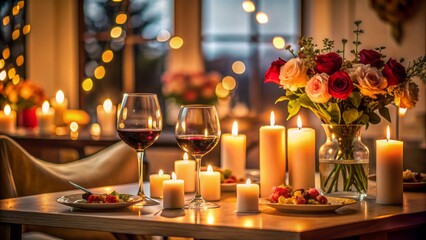 Intimate atmosphere of a romantic dinner setup for two, with candles, flowers, and wine, conveying love and affection in a serene, dimly lit room.