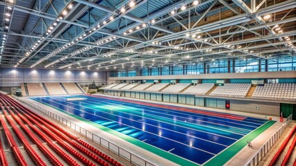 Fototapeta premium Empty indoor stadium with sleek modern architecture, vibrant colors, and high-tech sports equipment, awaiting the start of a thrilling athletic competition event.