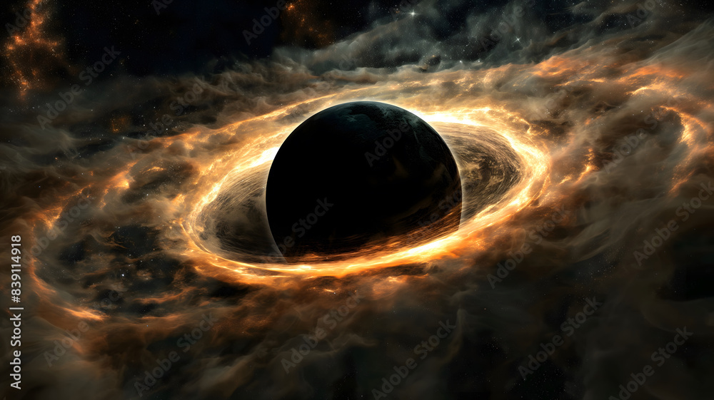 Wall mural a planet with a black hole in the center and a circle of gas in the center.