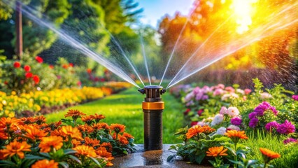 Vibrant orange and black automatic garden sprinkler efficiently waters lush green grass and colorful flowers in a modern, tech-savvy yard.