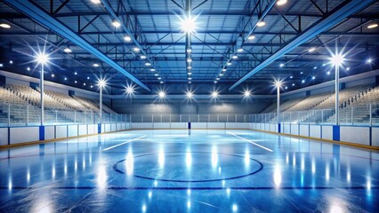 Fototapeta premium empty vector illustration of an ice hockey rink with smooth blue textured ice, bright white lines, and a subtle stadium seating background atmosphere.