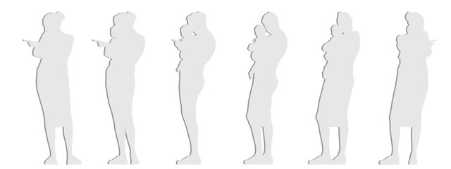 Vector conceptual gray paper cut silhouette of a mother helping her daughter getting dress from different perspectives. A metaphor for parenting, motherhood, childhood, family and love