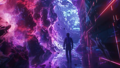 The image shows a astronaut walking through a portal in space.