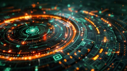 Futuristic Radar Screen with Abstract Targets and Trajectories in Green and Orange Lines