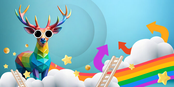Abstract Background. 3D Low poly of rainbow deer  concept of ladder success with LGBTQ gender equality with expression in fashion dress up with pride. blue, difference, Pride, 3d rendering