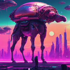 Artistic illustration in neon punk style. Fantasy metropolis of the future. Robot-Cyborg on four legs and a man in neon shades