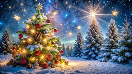 Vibrant winter wonderland scene featuring festive decorations, twinkling lights, snowflakes, and glittering ornaments on a snowy pinecone-adorned christmas tree against a starry night sky.