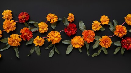 Fototapeta premium Worms-eye view of vibrant marigold flower garlands, illuminated against a jet-black background, evoking the spirit of Day of the Dead with rich, warm hues, ample copyspace for text