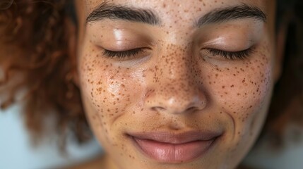 Close up of freckles on mixed race woman with her eyes closed