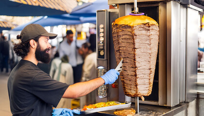 Traditional Turkish Doner Kebab Chef Slicing Meat at Food Stall. D&ouml;ner ustası d&ouml;ner kesiyor