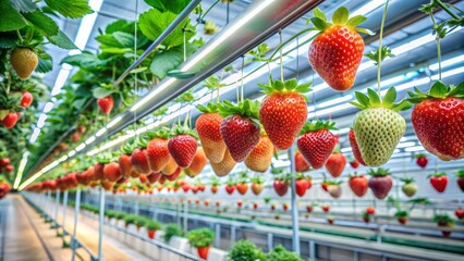 Vibrant strawberries thrive in a sleek, modern greenhouse, surrounded by advanced hydroponic systems and led grow lights, epitomizing industrial farming's cutting-edge technology.