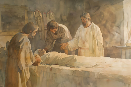 Miraculous Moment: Watercolor of Jairus' Daughter Saved by Jesus