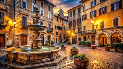 Fototapeta premium Ancient roman street scene with rustic buildings, ornate fountains, and ornamental lamps, evoking a sense of historic grandeur and forgotten elegance.
