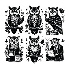 Owl Bird Black silhouette on white background six set vector illustration