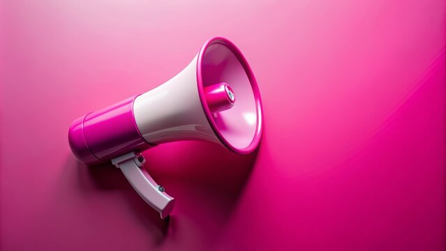 A vibrant pink background features a solitary megaphone with a curved handle resting in empty space, awaiting text or design overlay.