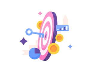 key performance targets. open up opportunities for success. key to success. illustration of dart board, keys, data graphics, and coins. objectives, finances, and goals. illustration concept design