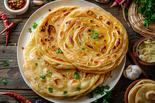 Delicious, crispy and flaky parathas served on a plate with various spices and herbs on a rustic wooden table. Perfect for a traditional meal.
