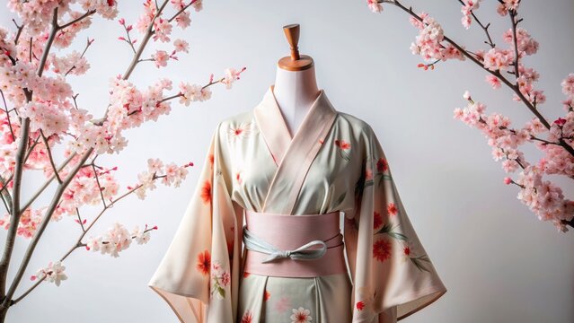 Serenity exudes from a delicate cherry blossom patterned kimono draped on a stunning japanese-inspired mannequin against a pristine white studio backdrop.