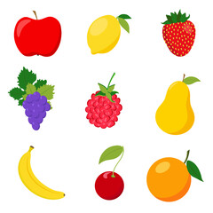 Set of fruits, apple, banana, orange, lemon, raspberry, cherry, pear, grape