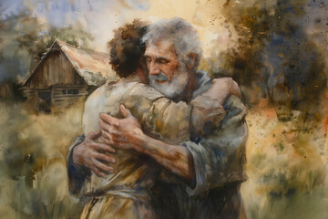 Obraz premium Forgiving Father Welcomes Repentant Son in Serene Homestead Setting