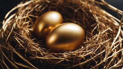 Golden eggs in nest. AI generated image, ai. golden eggs in a bird nest representing finincial freedom and security..