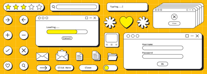 Big set of 90s retro vaporwave aesthetics digital screen user interface.80s 90s old computer user interface elements and vintage aesthetic icons.Nostalgic retro operating system.Vector illustration.