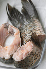 fresh raw fish in glass container, close-up
