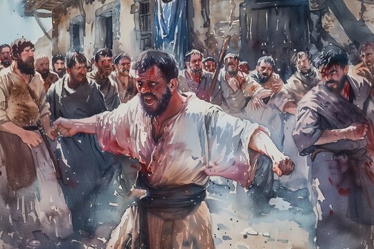 Stephen's Martyrdom: Watercolor of Stoning Scene with Peaceful Expression, Angry Mob,