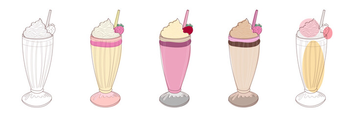 A set of five illustrated milkshakes, each with whipped cream and a strawberry on top.