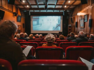 A cozy cinema hall with a blank wide screen rows of red seats